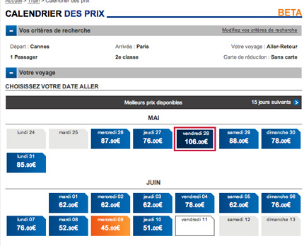 Calendrier prix SNCF