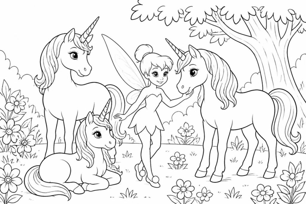 découvrez des coloriages de fées à imprimer, avec des idées simples mettant en scène clochette et des licornes pour des heures de créativité magique.