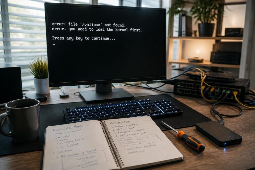 découvrez les causes courantes de l'erreur 'vmlinuz linux introuvable' et les solutions efficaces pour redémarrer votre système linux sans problème.